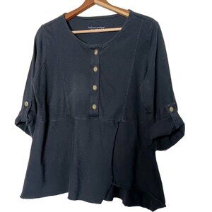 Soft Surroundings Medium Shirt Dark Gray Henley Roll Tag Sleeve Knit Button Up